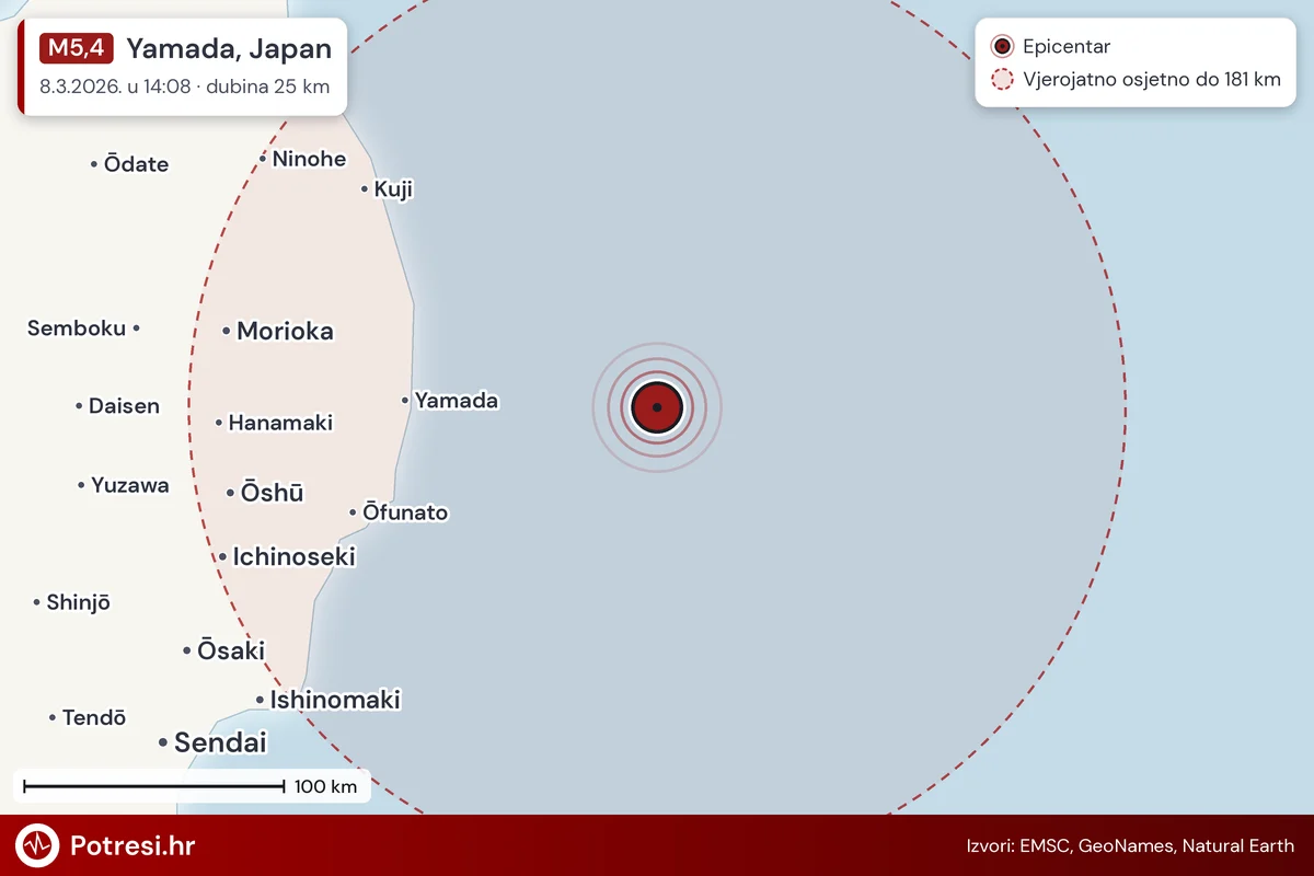 Karta: šire područje i vjerojatni doseg osjeta, potres M5,4, Yamada, Japan, 8.3.2026.