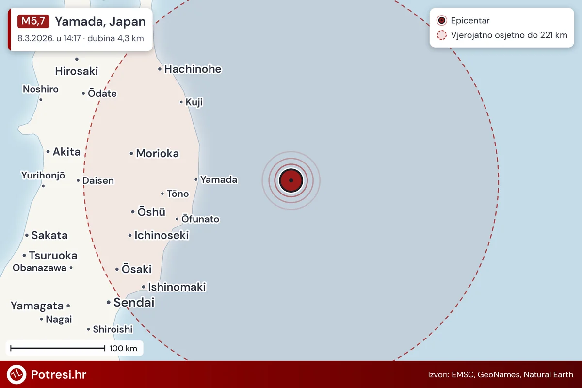 Karta: šire područje i vjerojatni doseg osjeta, potres M5,7, Yamada, Japan, 8.3.2026.