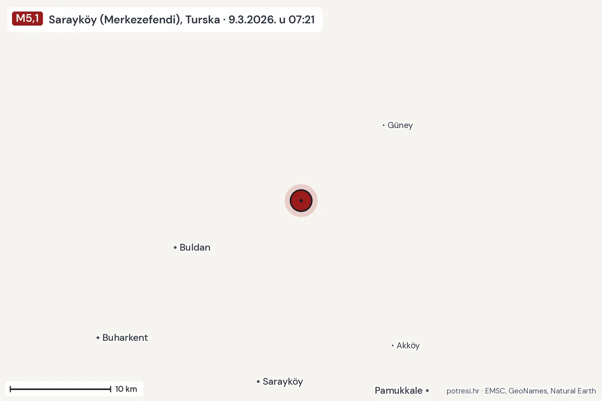 Karta: okolica epicentra, 60 km, potres M5,1, Sarayköy (Merkezefendi), Turska, 9.3.2026.
