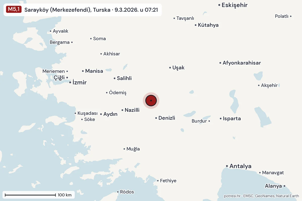Karta: šire područje, 600 km, potres M5,1, Sarayköy (Merkezefendi), Turska, 9.3.2026.