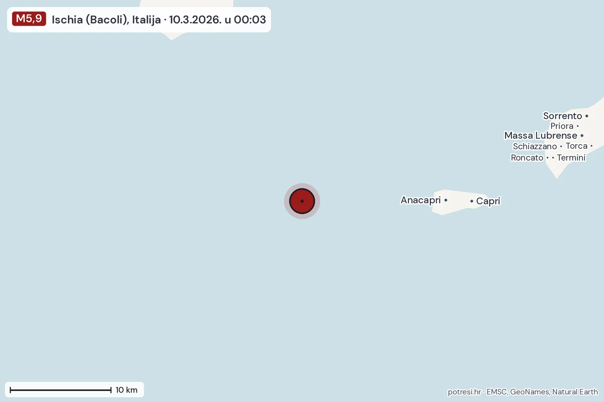 Karta: okolica epicentra, 60 km, potres M5,9, Ischia (Bacoli), Italija, 10.3.2026.