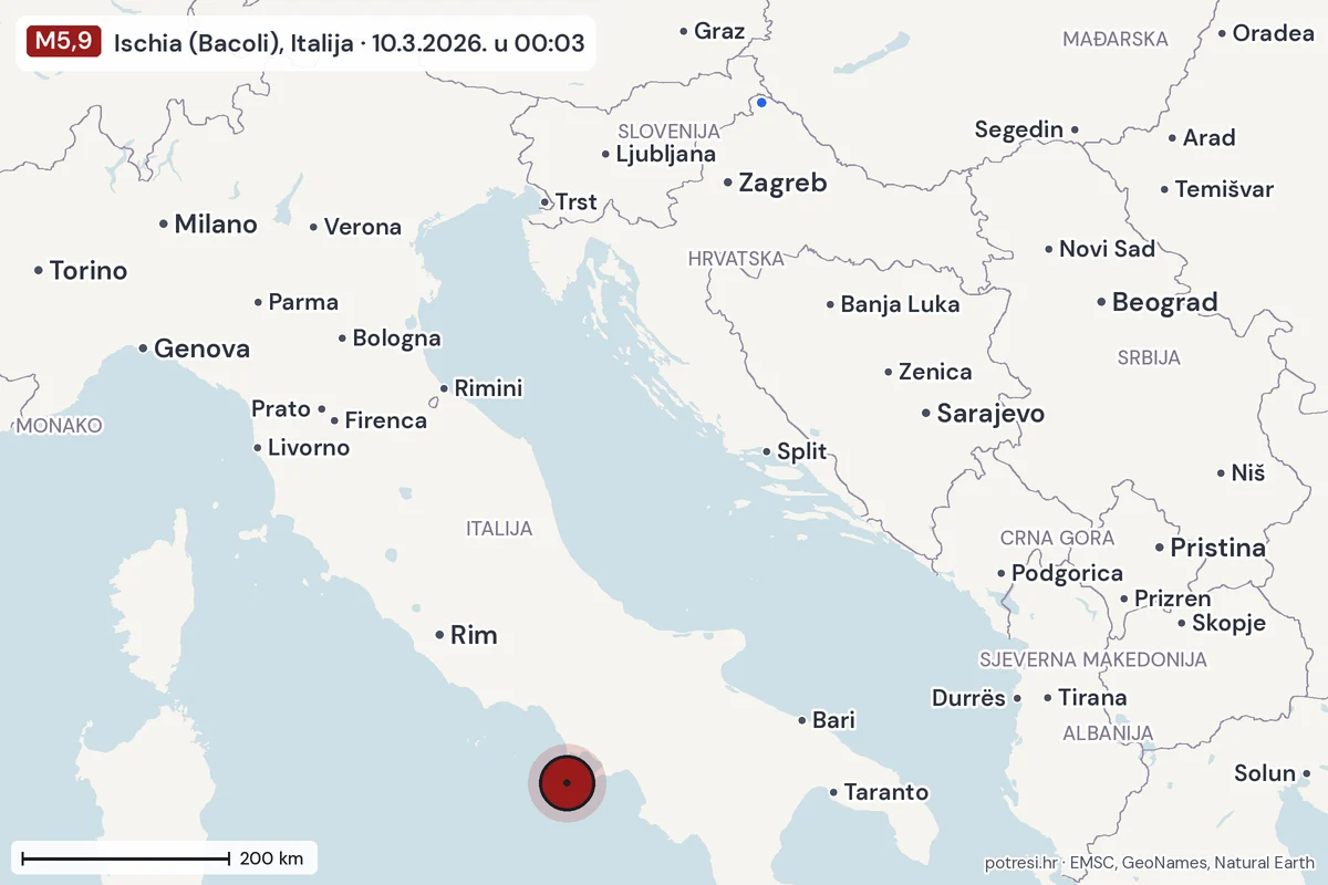 Karta: izvješća građana, potres M5,9, Ischia (Bacoli), Italija, 10.3.2026.