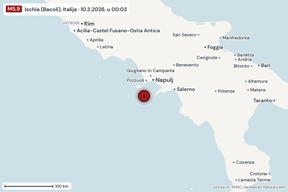 Karta: šire područje, 600 km, potres M5,9, Ischia (Bacoli), Italija, 10.3.2026.