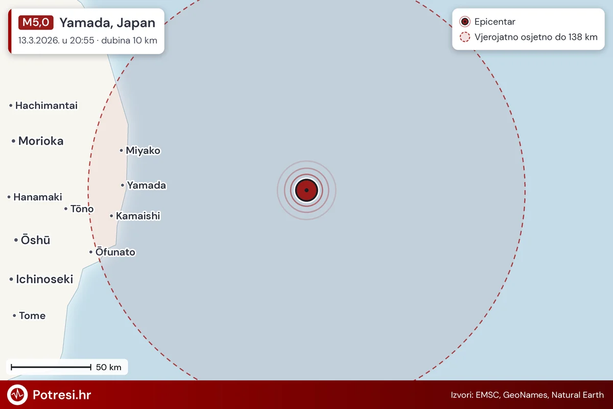 Karta: šire područje i vjerojatni doseg osjeta, potres M5,0, Yamada, Japan, 13.3.2026.