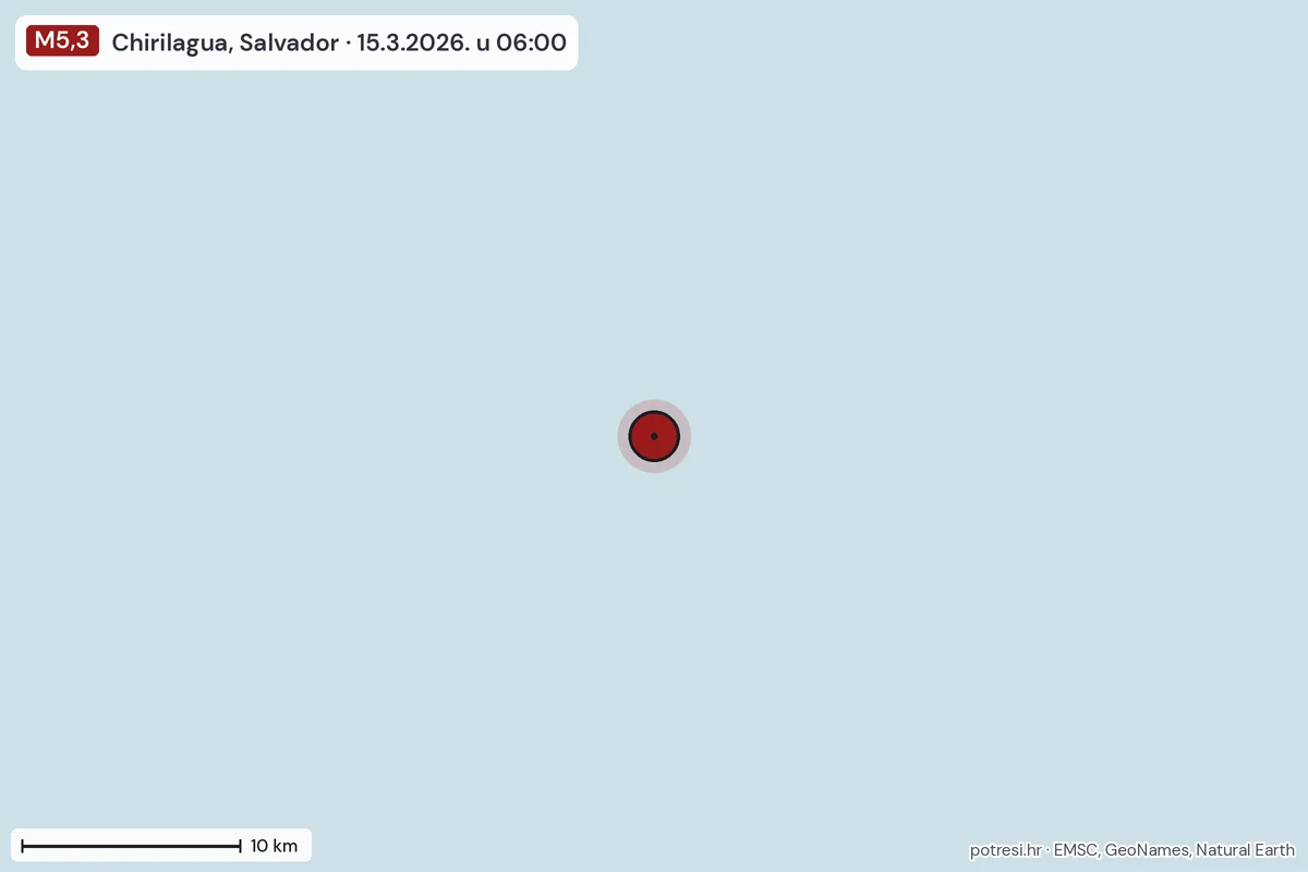 Karta: okolica epicentra, 60 km, potres M5,3, Chirilagua, Salvador, 15.3.2026.