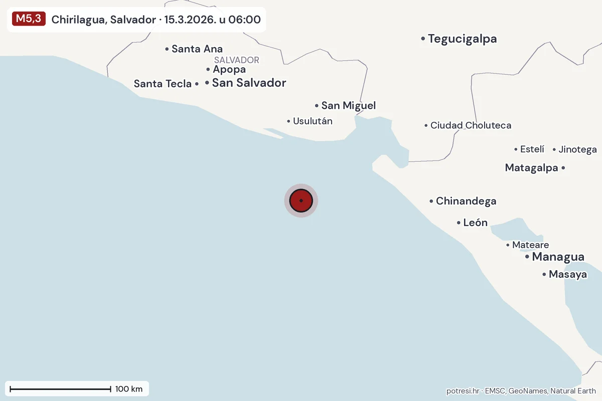 Karta: šire područje, 600 km, potres M5,3, Chirilagua, Salvador, 15.3.2026.