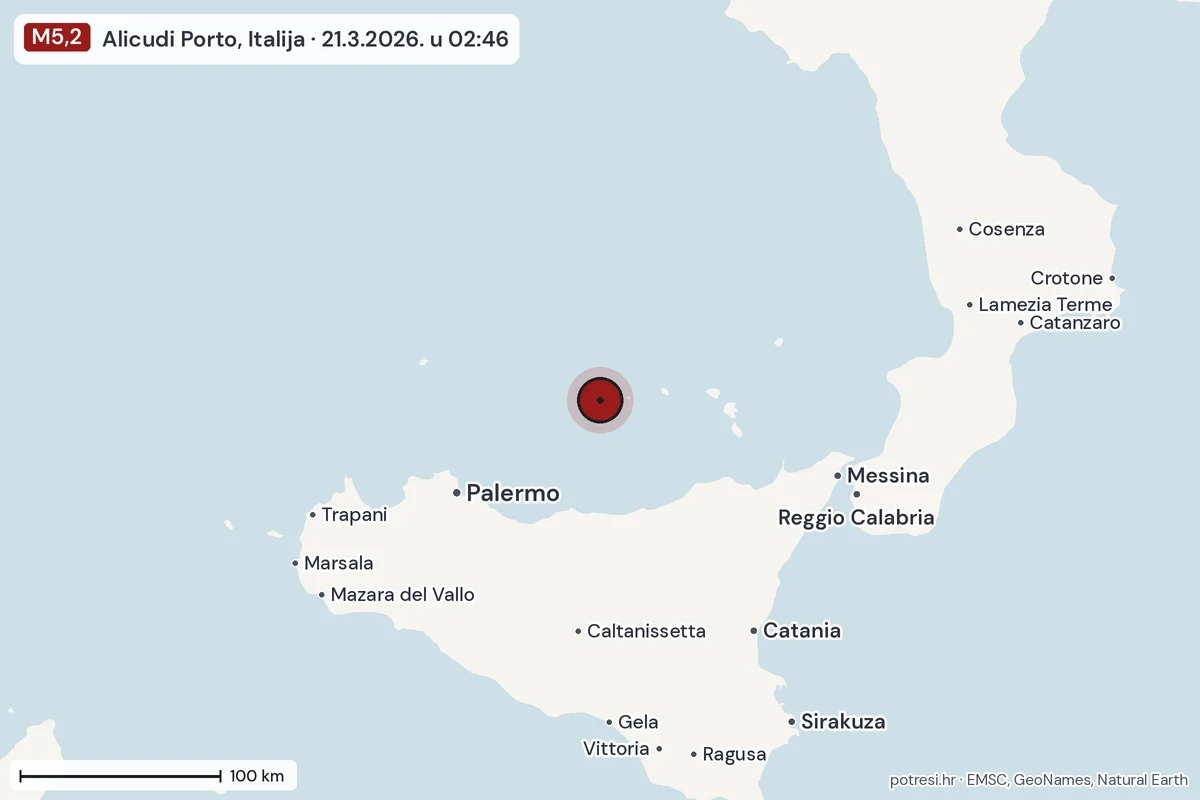 Karta: šire područje, 600 km, potres M5,2, Alicudi Porto, Italija, 21.3.2026.