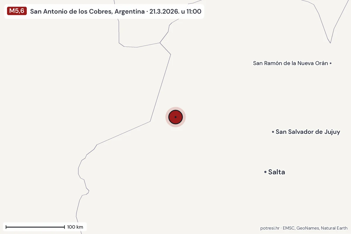 Karta: šire područje, 600 km, potres M5,6, San Antonio de los Cobres, Argentina, 21.3.2026.
