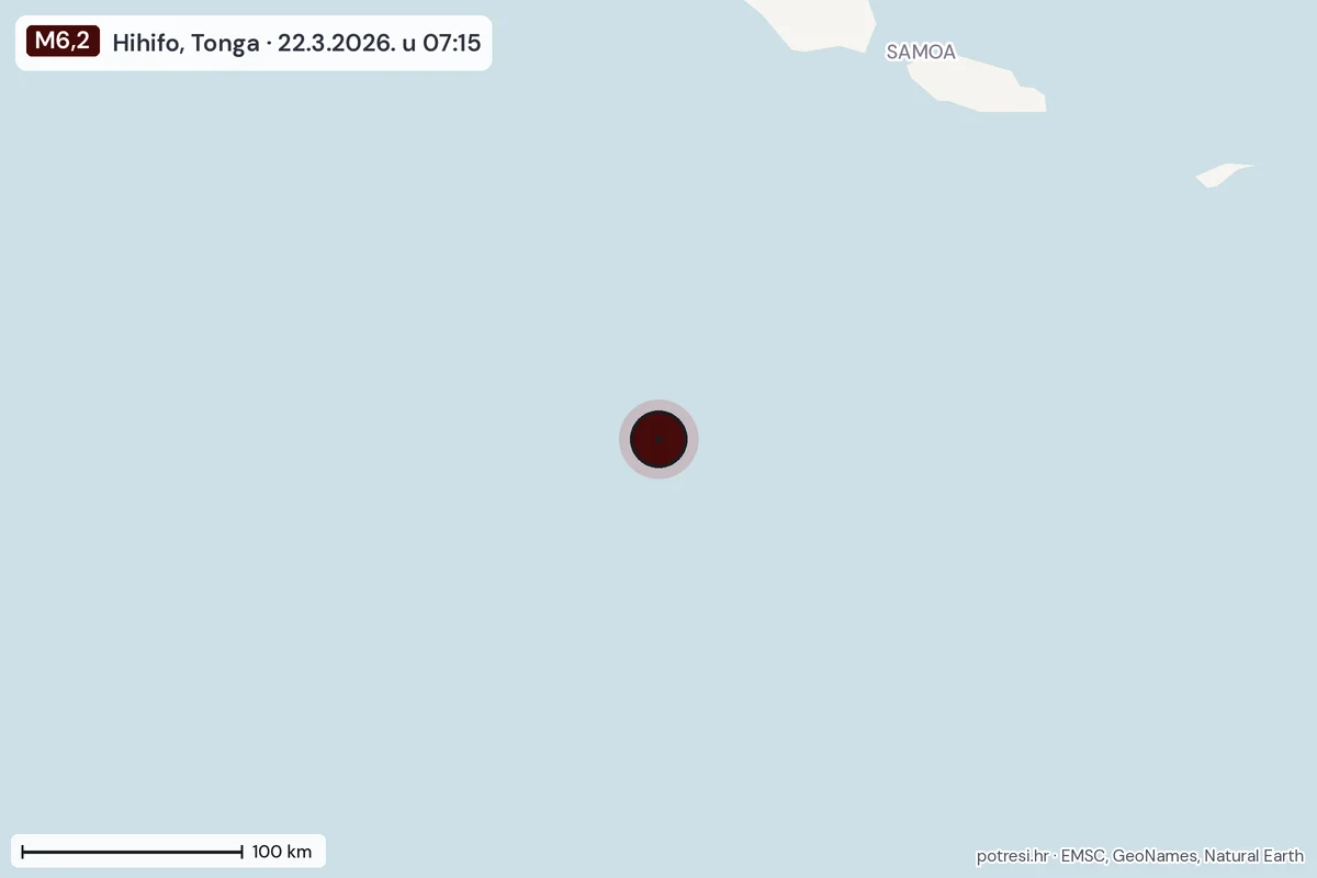 Karta: šire područje, 600 km, potres M6,2, Hihifo, Tonga, 22.3.2026.