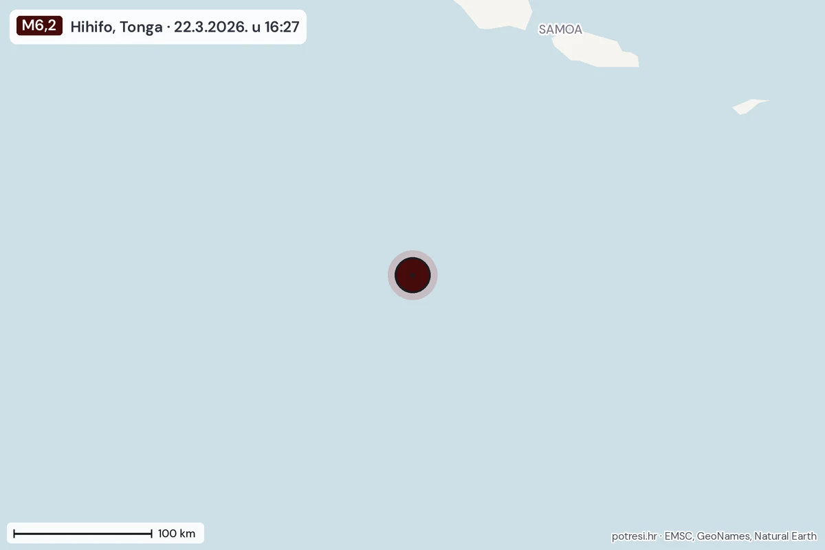 Karta: šire područje, 600 km, potres M6,2, Hihifo, Tonga, 22.3.2026.