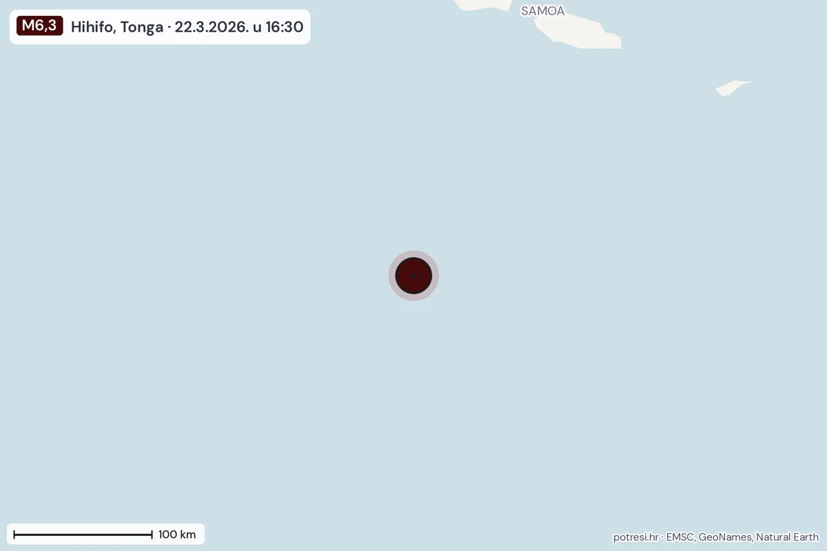 Karta: šire područje, 600 km, potres M6,3, Hihifo, Tonga, 22.3.2026.