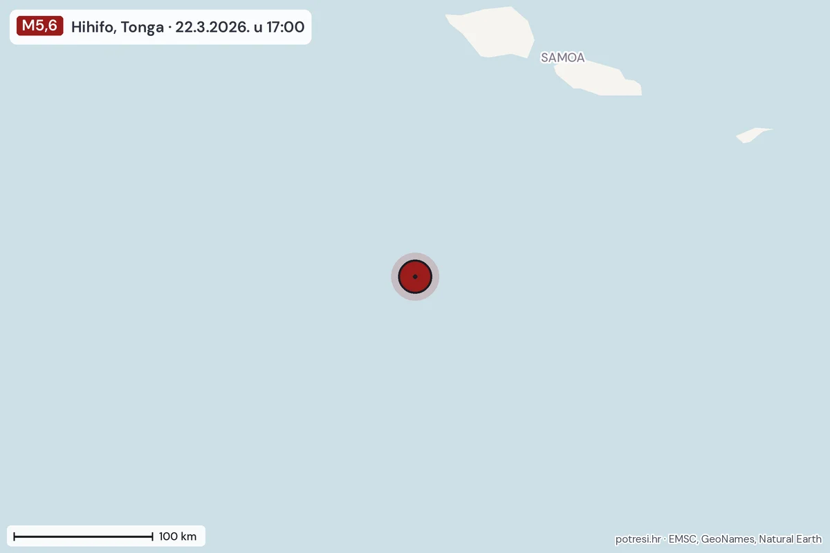 Karta: šire područje, 600 km, potres M5,6, Hihifo, Tonga, 22.3.2026.