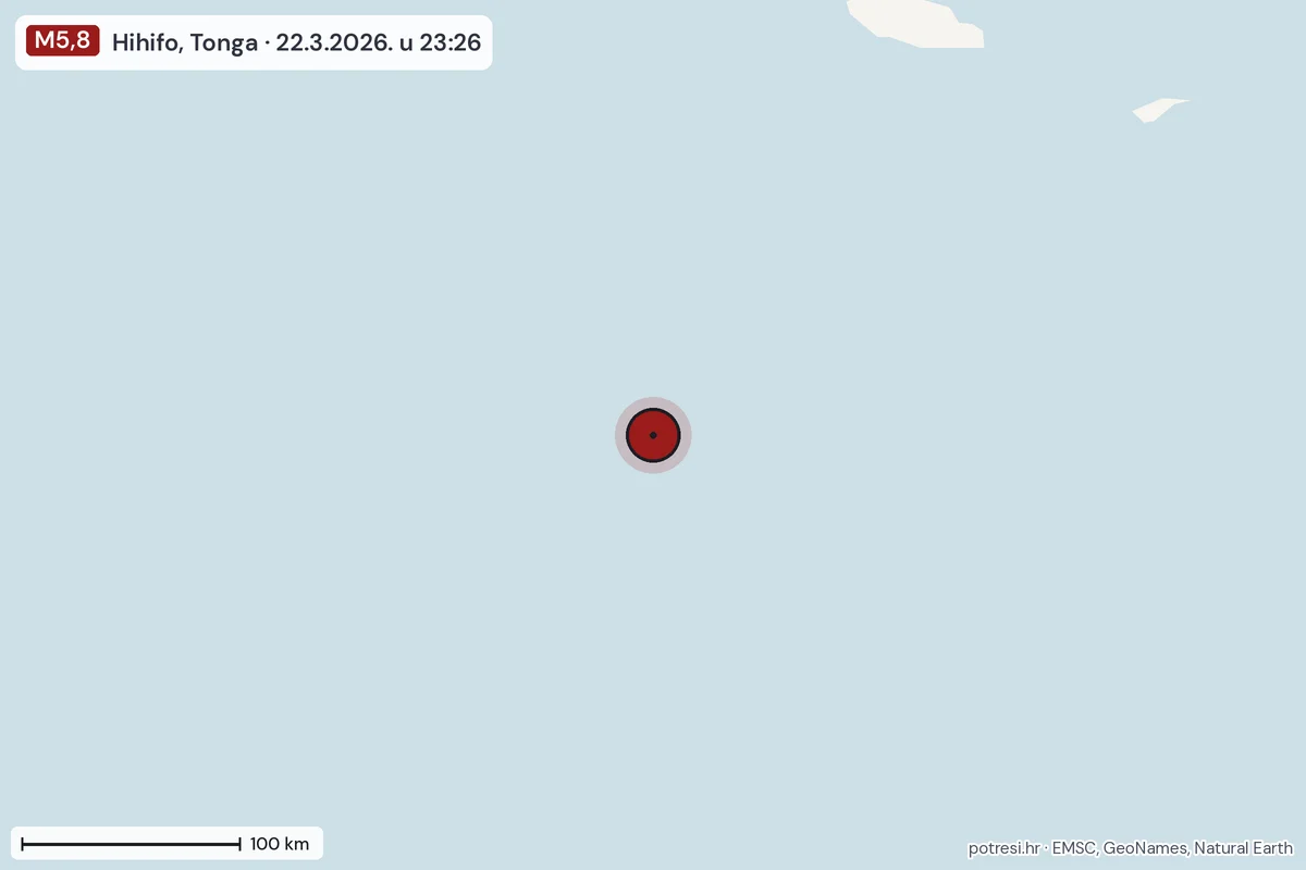 Karta: šire područje, 600 km, potres M5,8, Hihifo, Tonga, 22.3.2026.