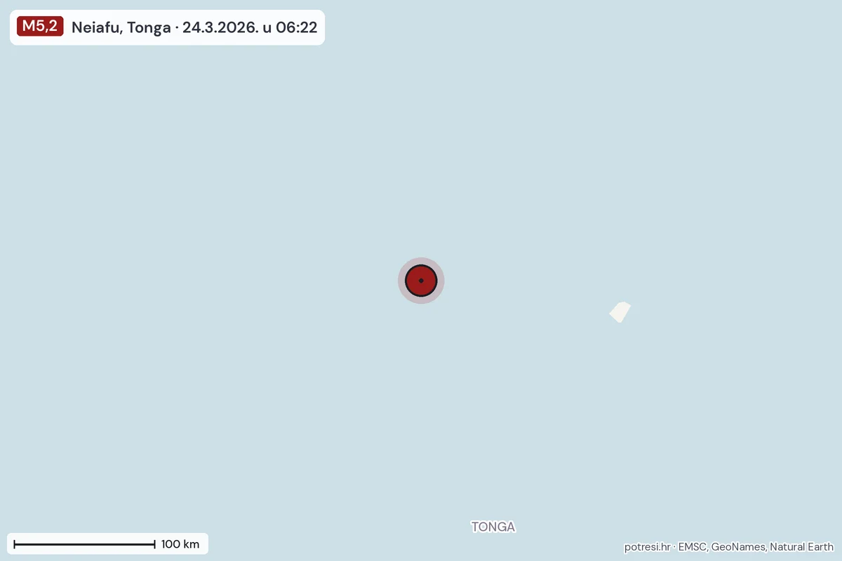 Karta: šire područje, 600 km, potres M5,2, Neiafu, Tonga, 24.3.2026.