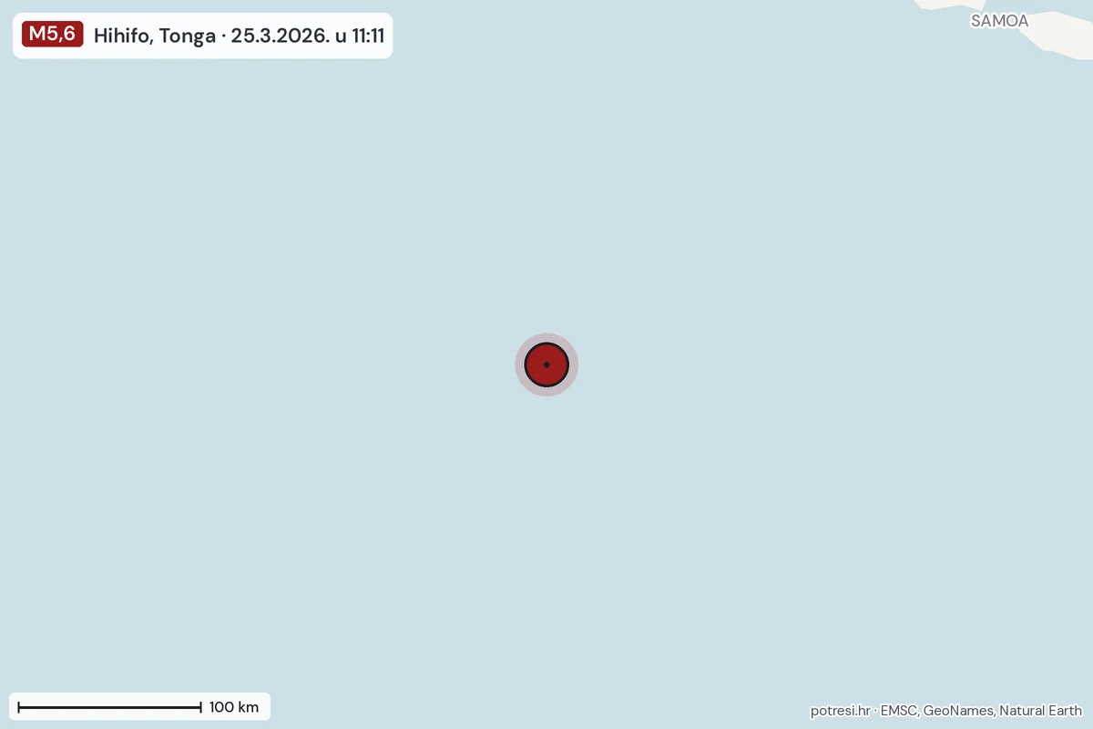 Karta: šire područje, 600 km, potres M5,6, Hihifo, Tonga, 25.3.2026.