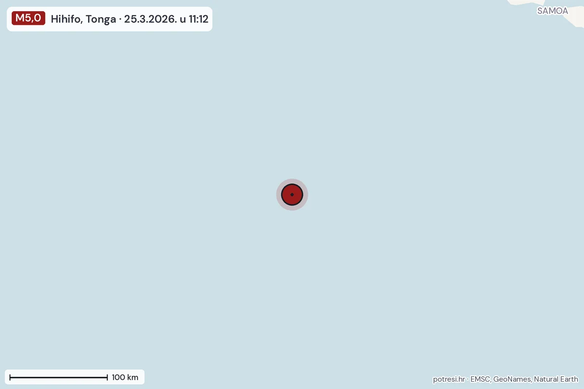 Karta: šire područje, 600 km, potres M5,0, Hihifo, Tonga, 25.3.2026.