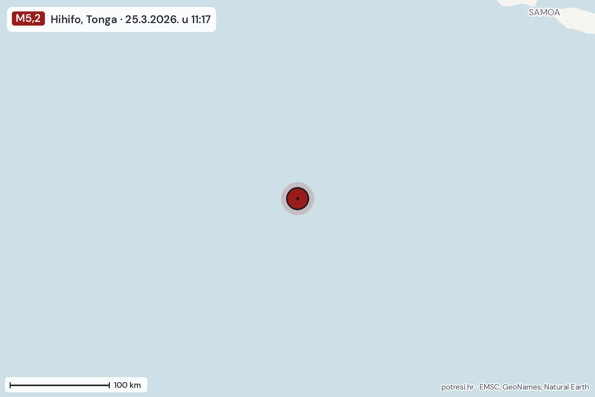 Karta: šire područje, 600 km, potres M5,2, Hihifo, Tonga, 25.3.2026.