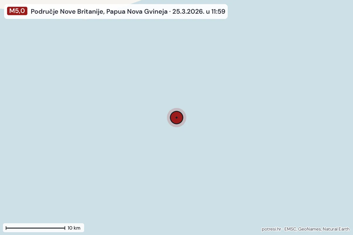 Karta: okolica epicentra, 60 km, potres M5,0, Područje Nove Britanije, Papua Nova Gvineja, 25.3.2026.
