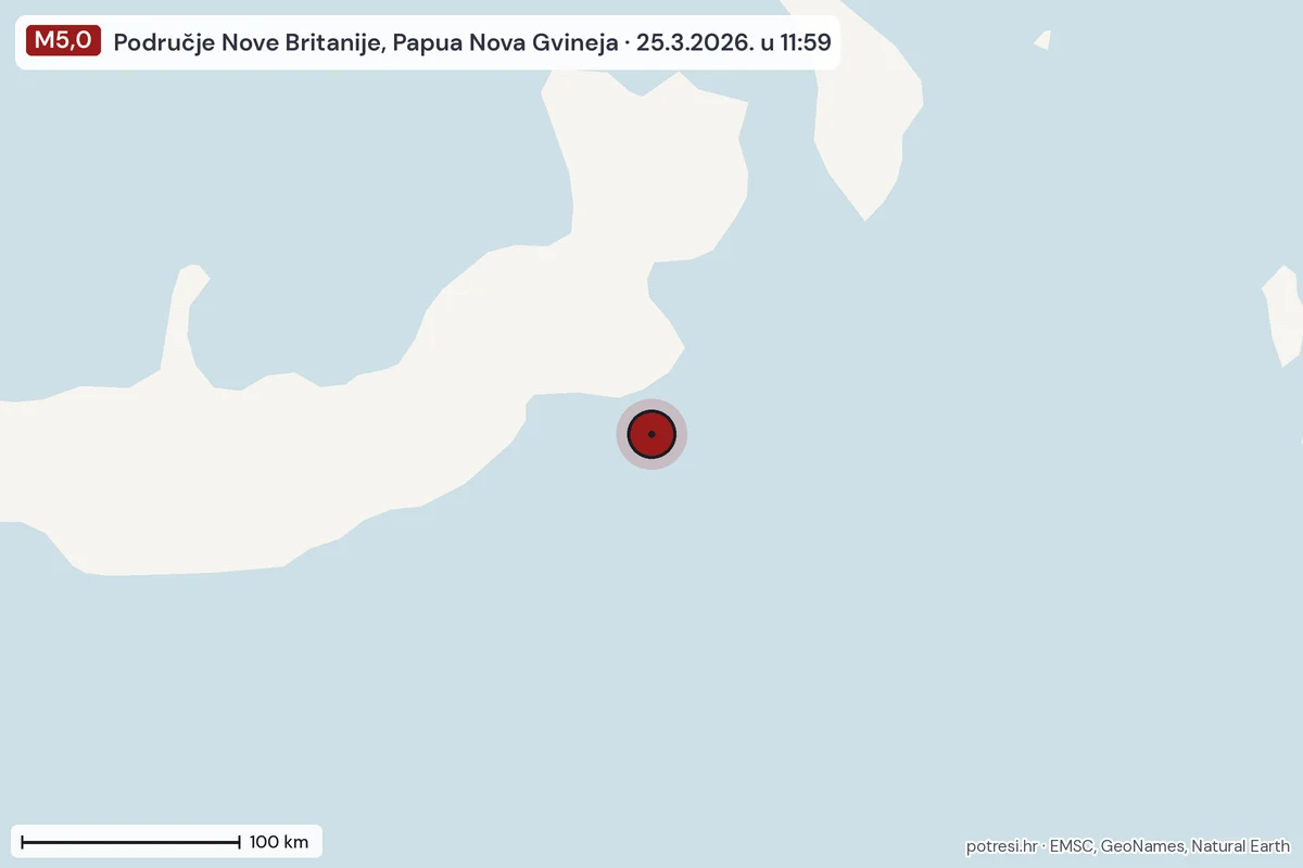Karta: šire područje, 600 km, potres M5,0, Područje Nove Britanije, Papua Nova Gvineja, 25.3.2026.