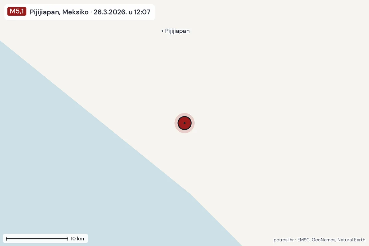 Karta: okolica epicentra, 60 km, potres M5,1, Pijijiapan, Meksiko, 26.3.2026.