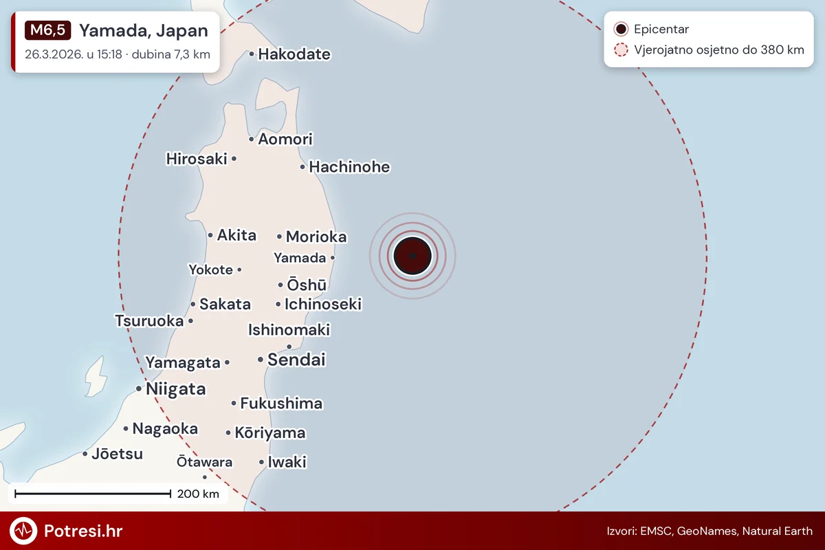 Karta: šire područje i vjerojatni doseg osjeta, potres M6,5, Yamada, Japan, 26.3.2026.