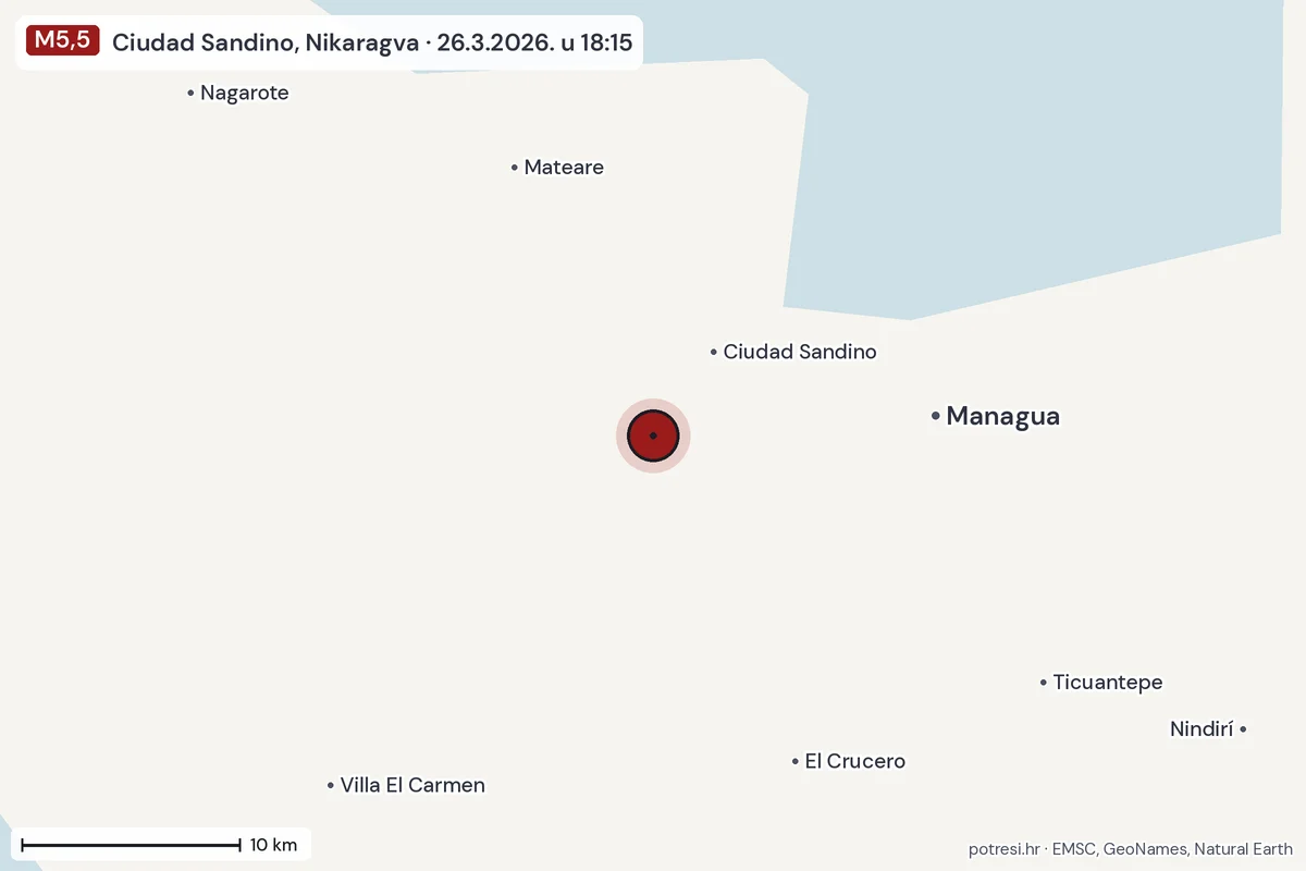 Karta: okolica epicentra, 60 km, potres M5,5, Ciudad Sandino, Nikaragva, 26.3.2026.