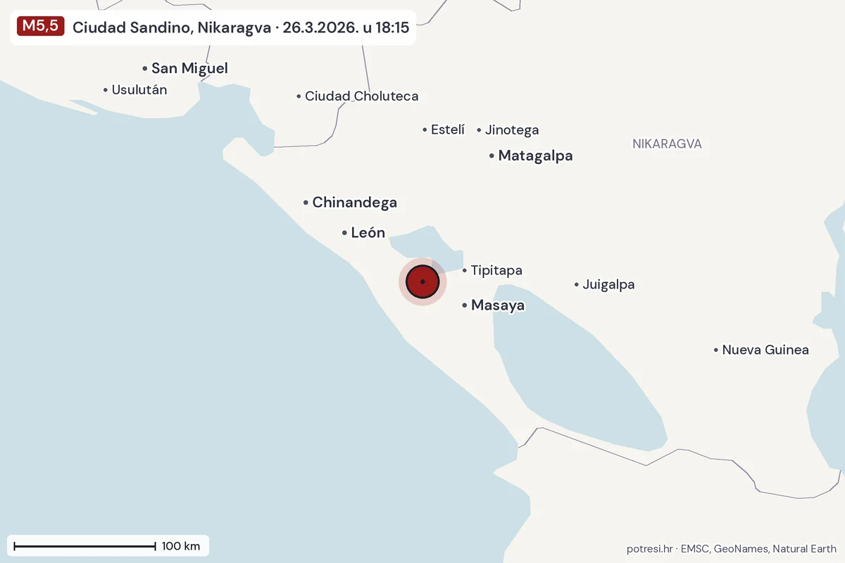 Karta: šire područje, 600 km, potres M5,5, Ciudad Sandino, Nikaragva, 26.3.2026.