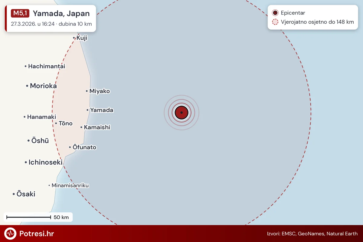 Karta: šire područje i vjerojatni doseg osjeta, potres M5,1, Yamada, Japan, 27.3.2026.