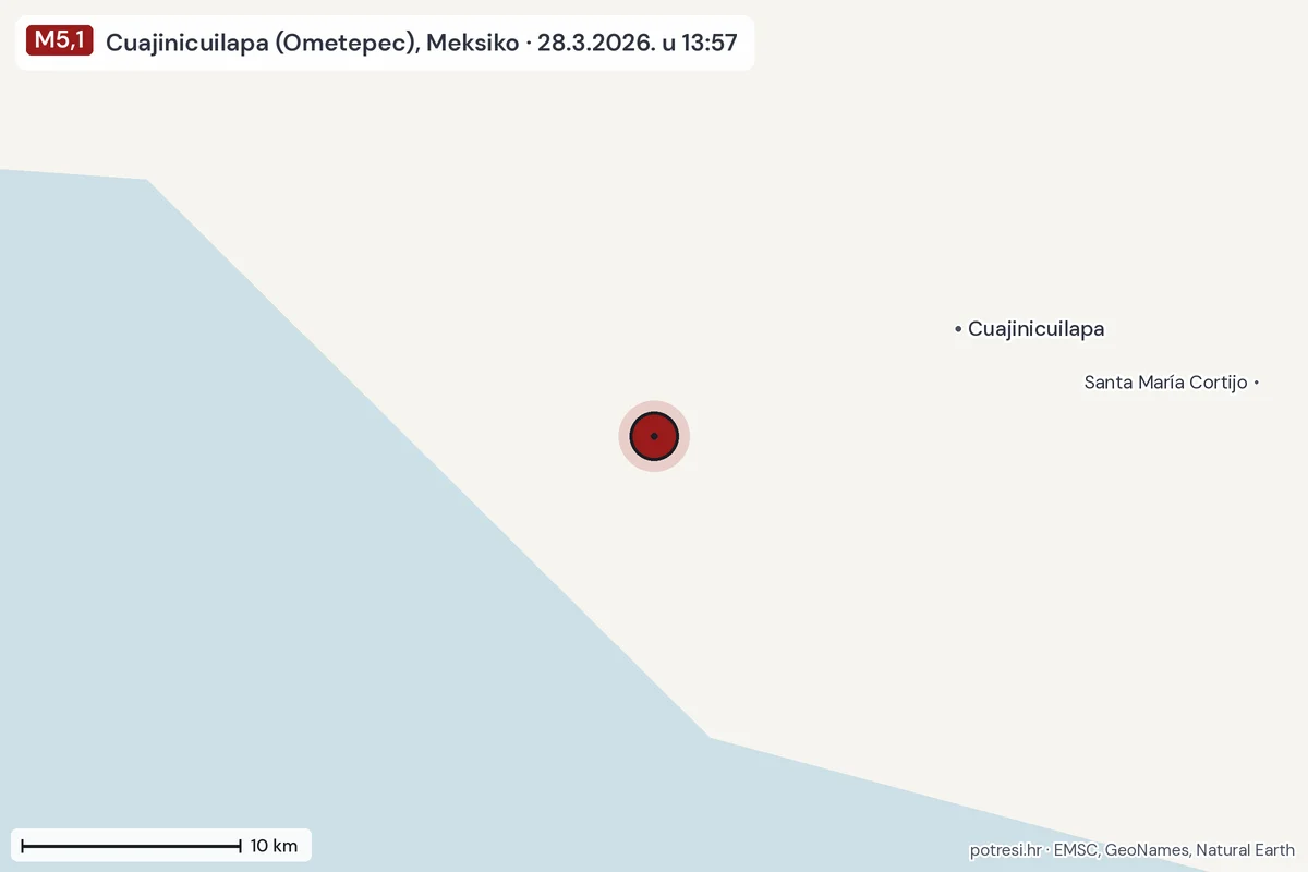Karta: okolica epicentra, 60 km, potres M5,1, Cuajinicuilapa (Ometepec), Meksiko, 28.3.2026.