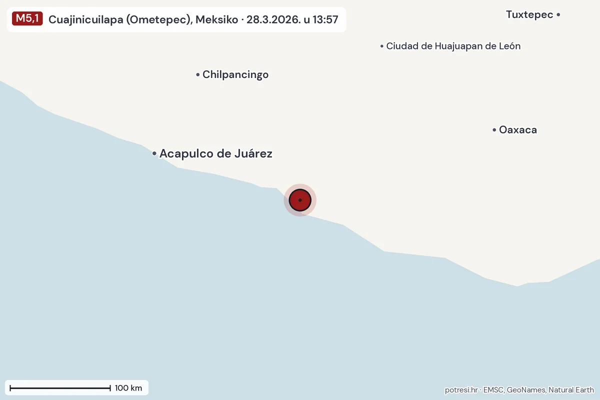 Karta: šire područje, 600 km, potres M5,1, Cuajinicuilapa (Ometepec), Meksiko, 28.3.2026.