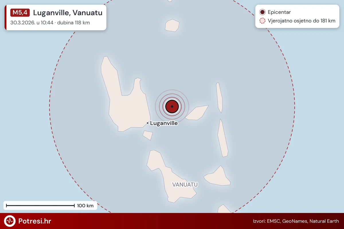 Karta: šire područje i vjerojatni doseg osjeta, potres M5,4, Luganville, Vanuatu, 30.3.2026.