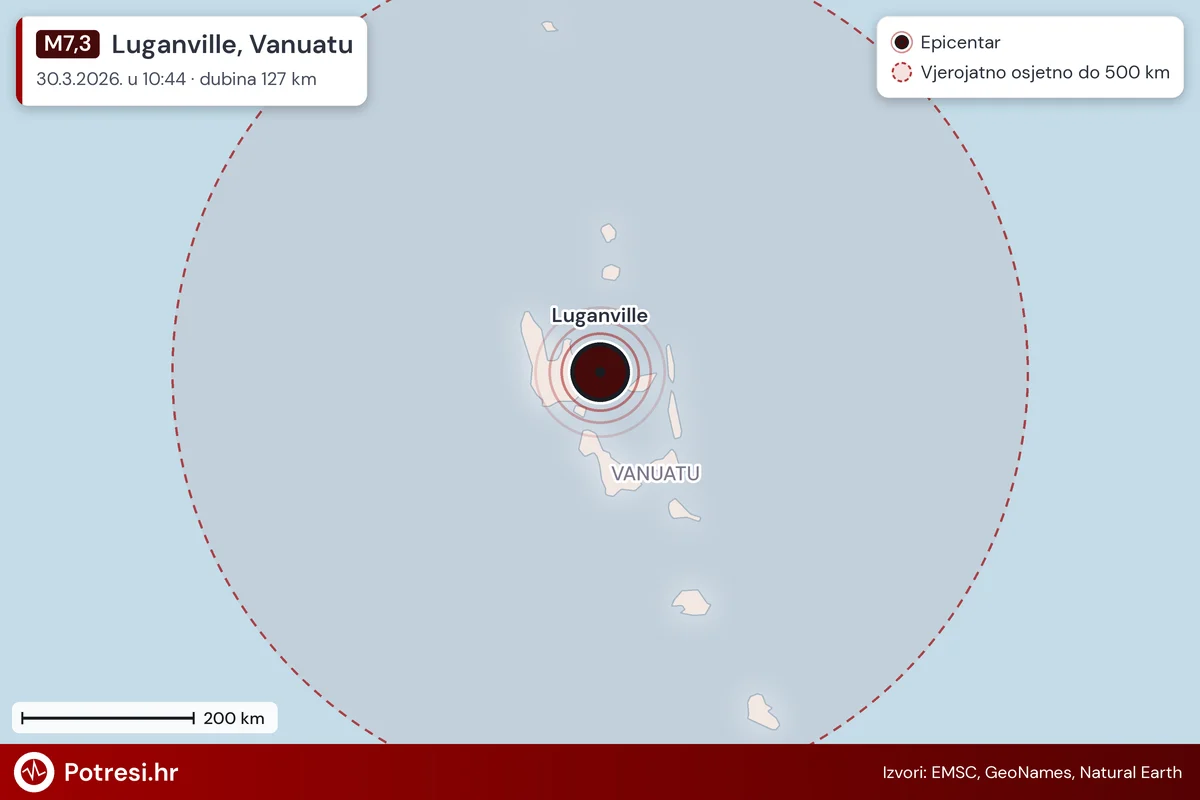 Karta: šire područje i vjerojatni doseg osjeta, potres M7,3, Luganville, Vanuatu, 30.3.2026.