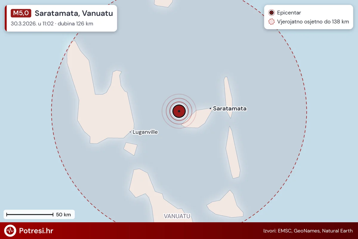 Karta: šire područje i vjerojatni doseg osjeta, potres M5,0, Saratamata, Vanuatu, 30.3.2026.