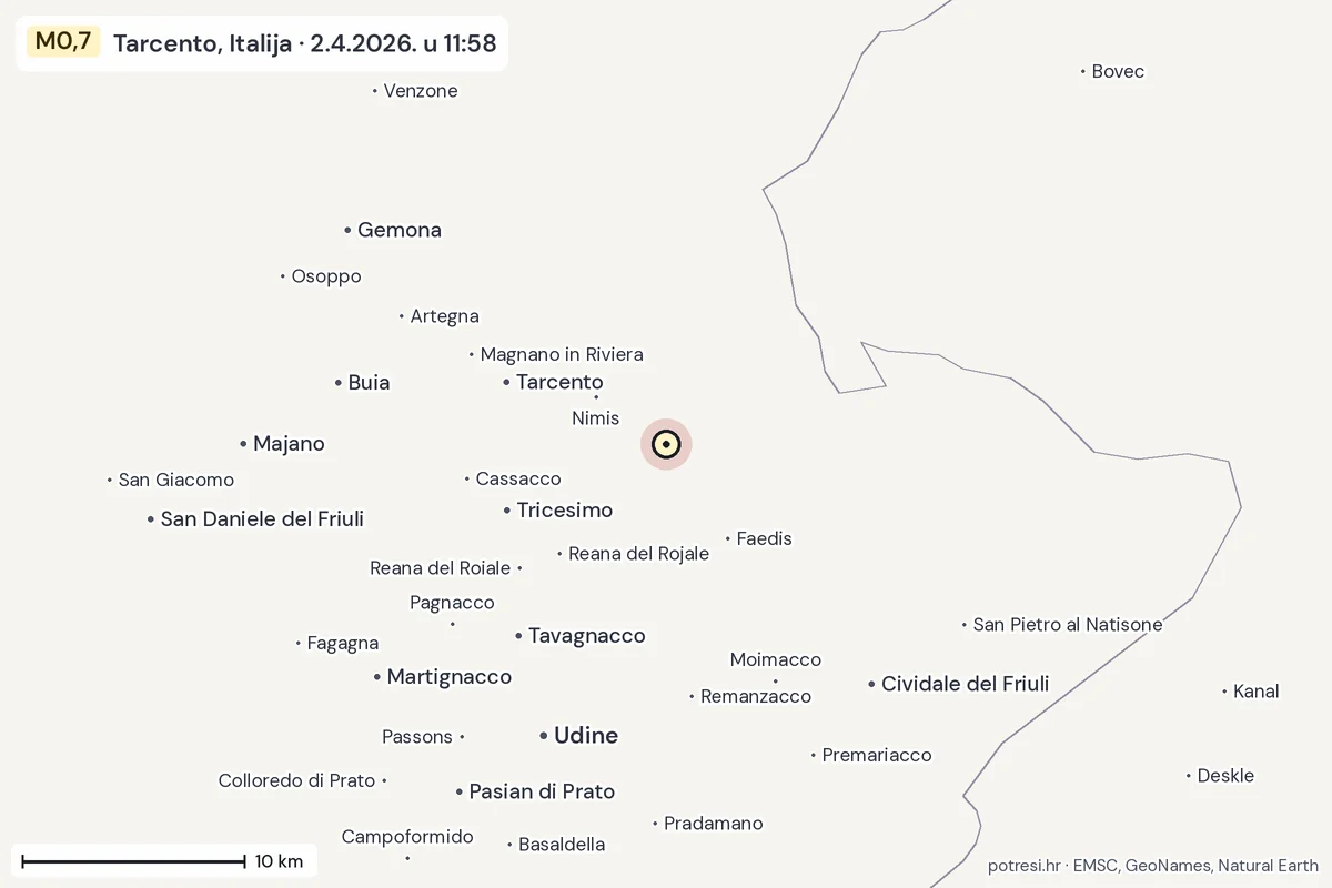 Karta: okolica epicentra, 60 km, potres M0,7, Tarcento, Italija, 2.4.2026.