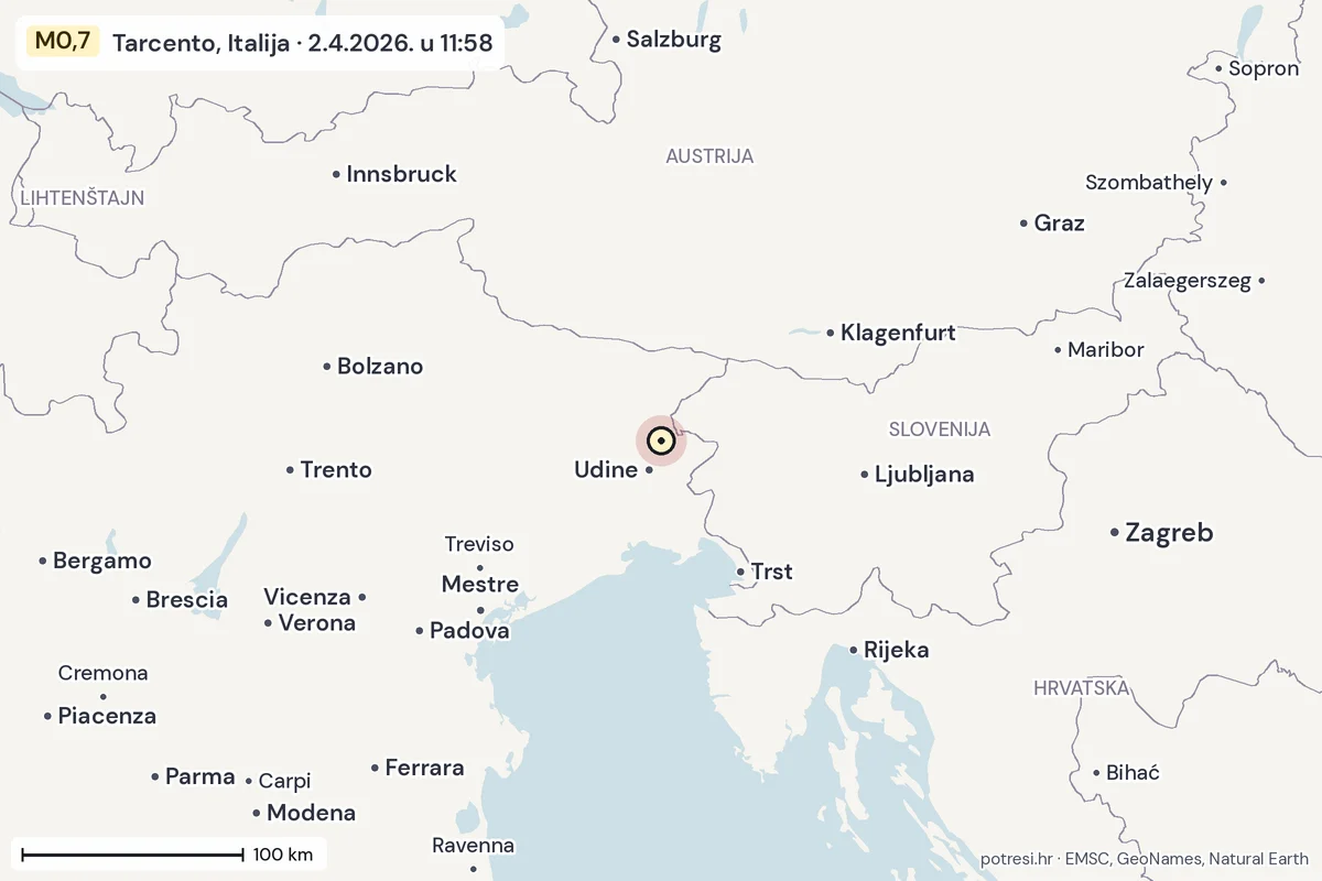 Karta: šire područje, 600 km, potres M0,7, Tarcento, Italija, 2.4.2026.