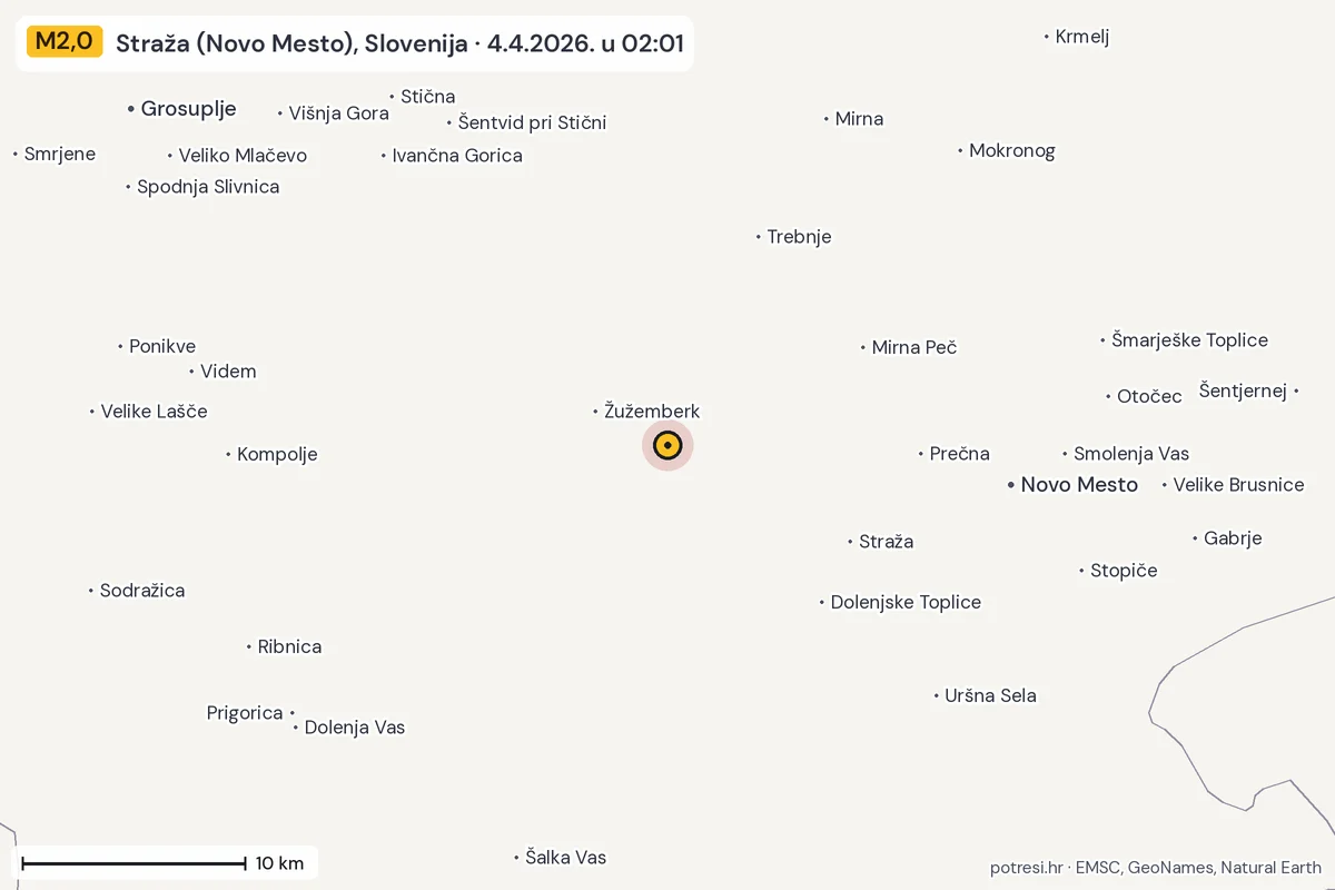 Karta: okolica epicentra, 60 km, potres M2,0, Straža (Novo Mesto), Slovenija, 4.4.2026.