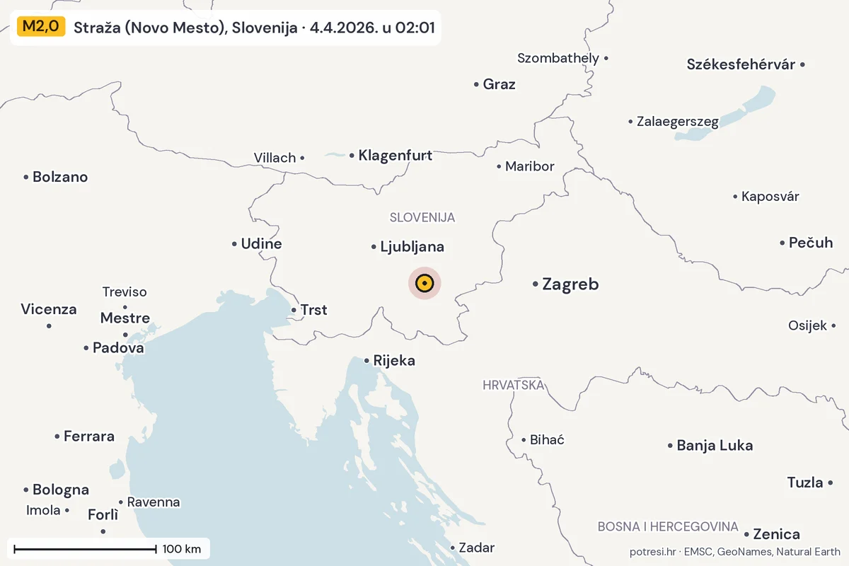 Karta: šire područje, 600 km, potres M2,0, Straža (Novo Mesto), Slovenija, 4.4.2026.