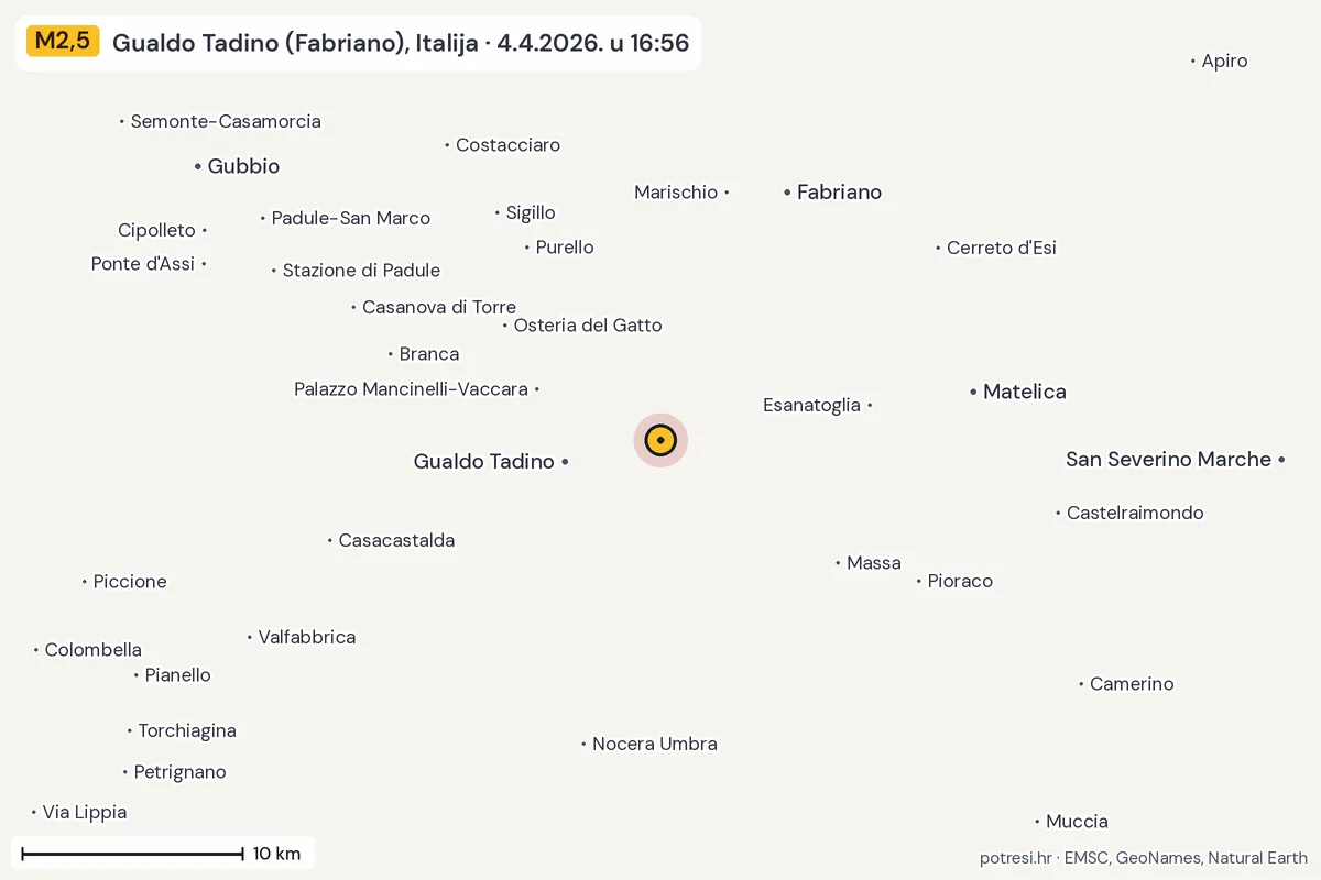 Karta: okolica epicentra, 60 km, potres M2,5, Gualdo Tadino (Fabriano), Italija, 4.4.2026.