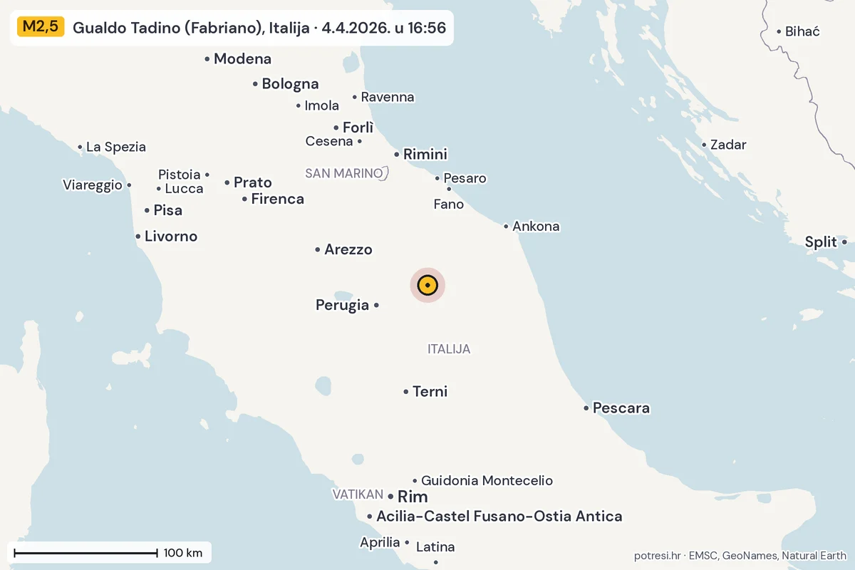 Karta: šire područje, 600 km, potres M2,5, Gualdo Tadino (Fabriano), Italija, 4.4.2026.