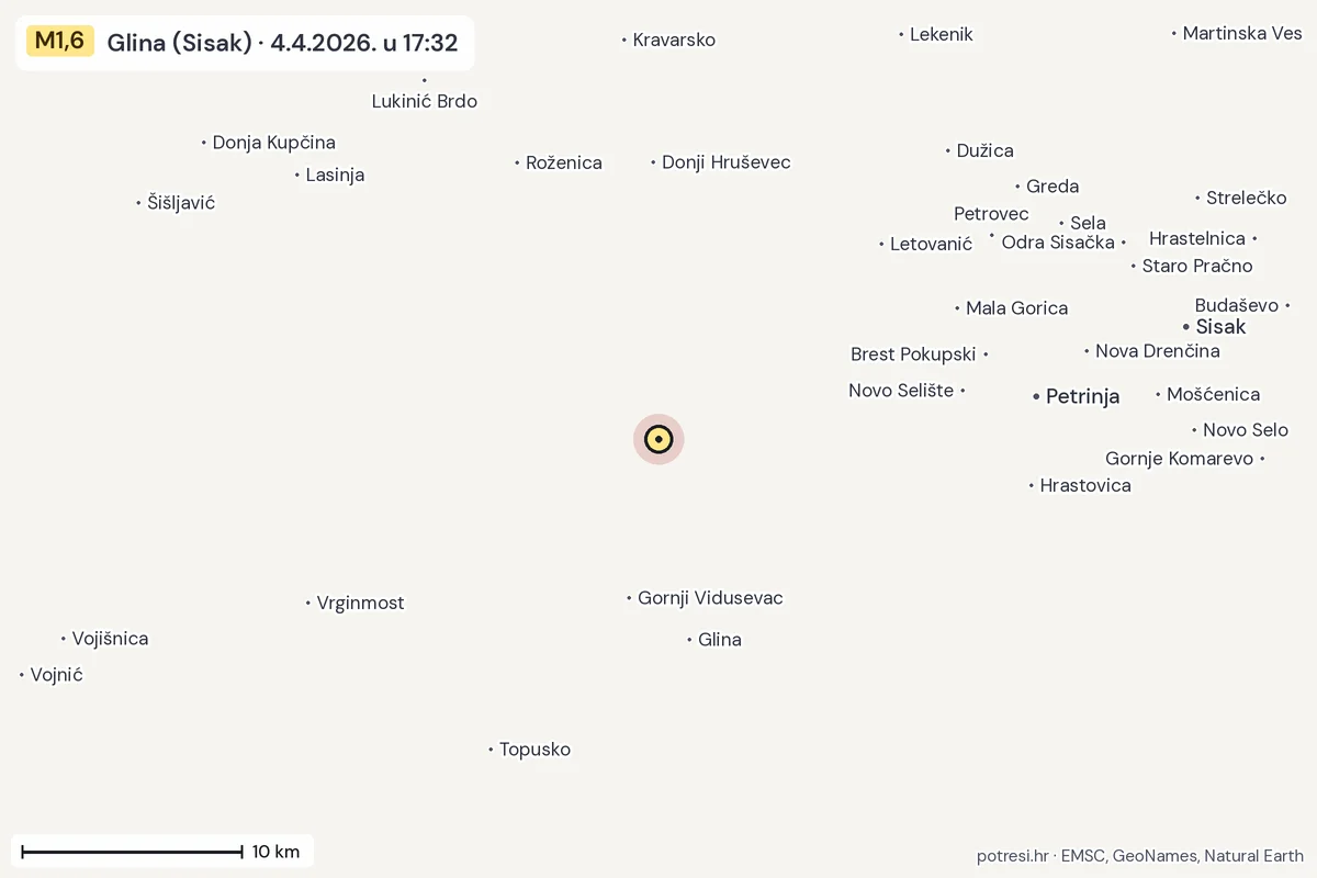 Karta: okolica epicentra, 60 km, potres M1,6, Glina (Sisak), 4.4.2026.
