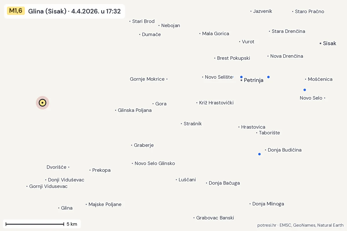 Karta: izvješća građana, potres M1,6, Glina (Sisak), 4.4.2026.