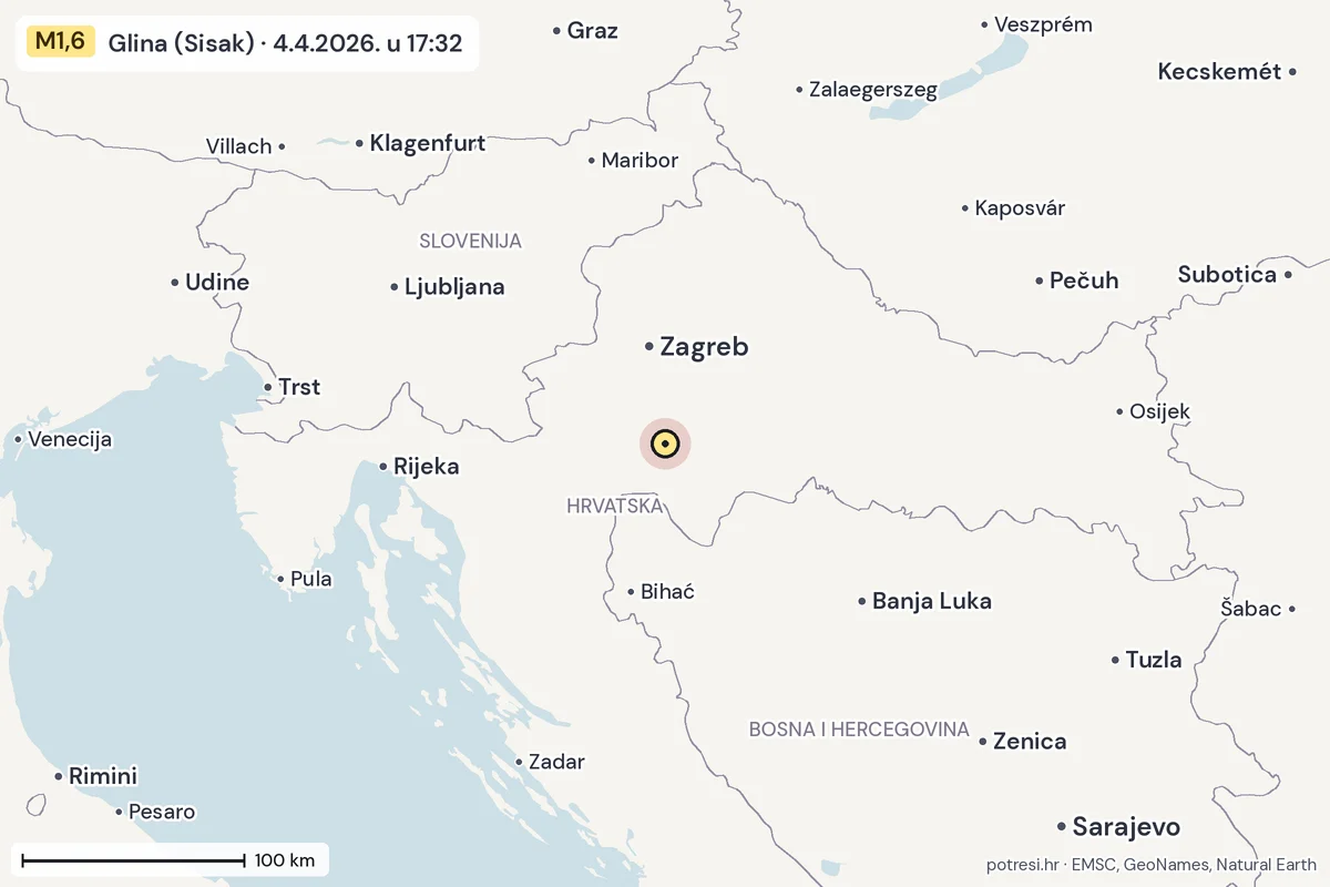 Karta: šire područje, 600 km, potres M1,6, Glina (Sisak), 4.4.2026.