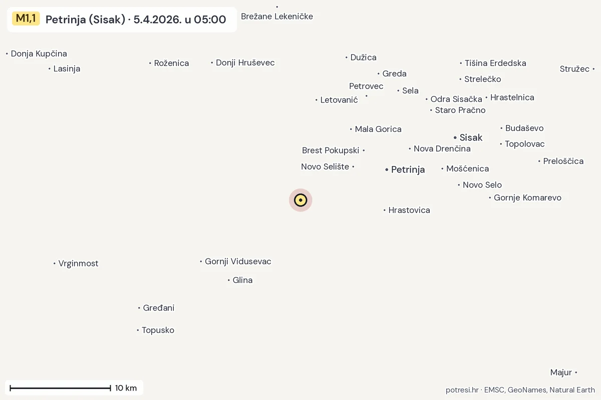 Karta: okolica epicentra, 60 km, potres M1,1, Petrinja (Sisak), 5.4.2026.