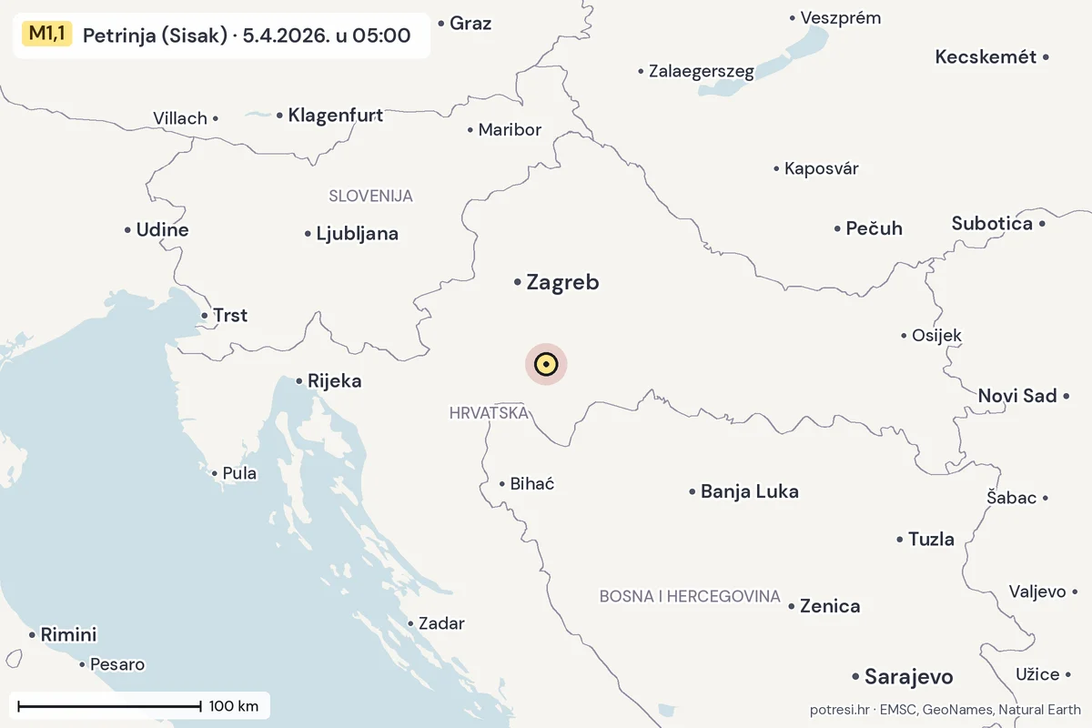 Karta: šire područje, 600 km, potres M1,1, Petrinja (Sisak), 5.4.2026.