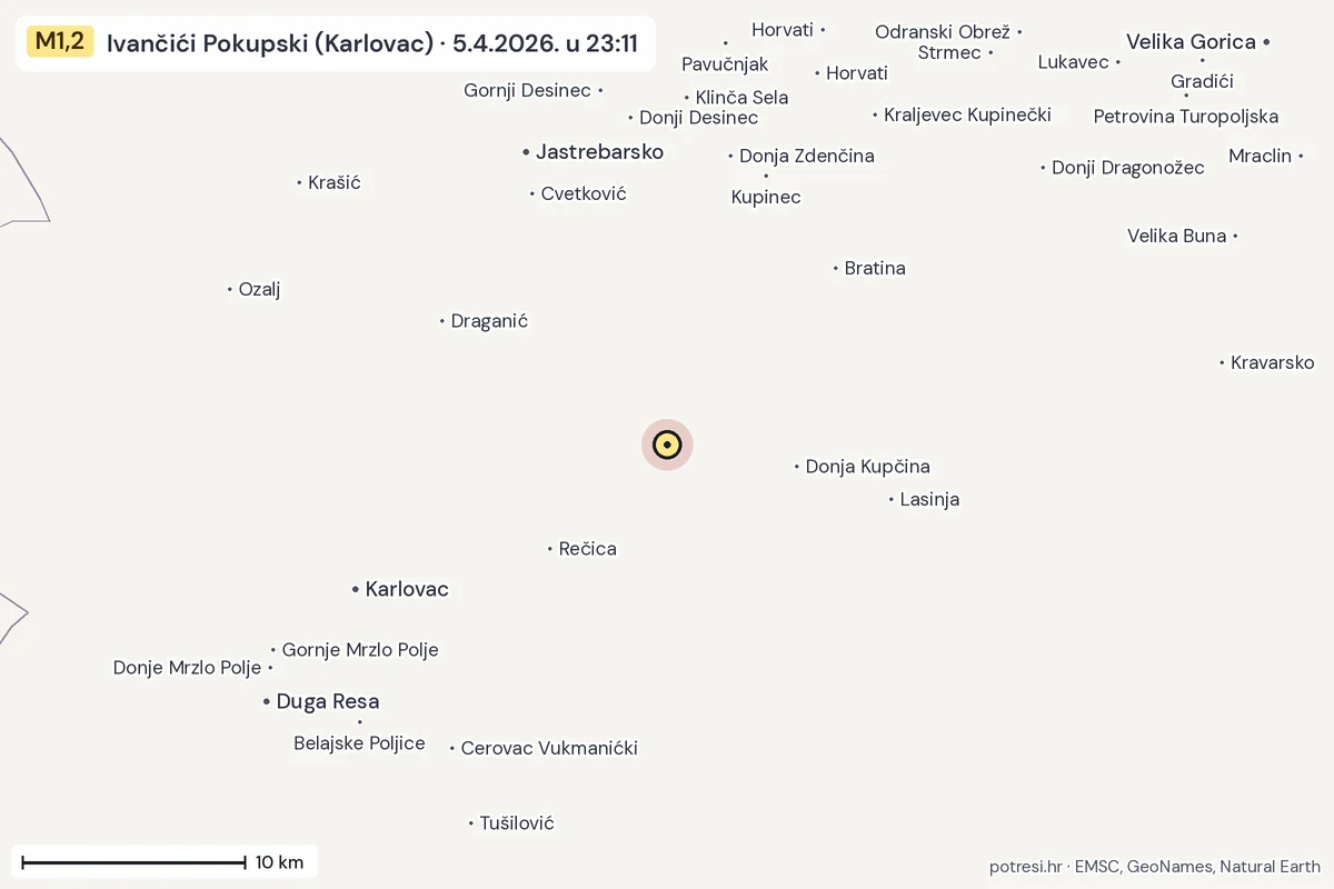 Karta: okolica epicentra, 60 km, potres M1,2, Ivančići Pokupski (Karlovac), 5.4.2026.