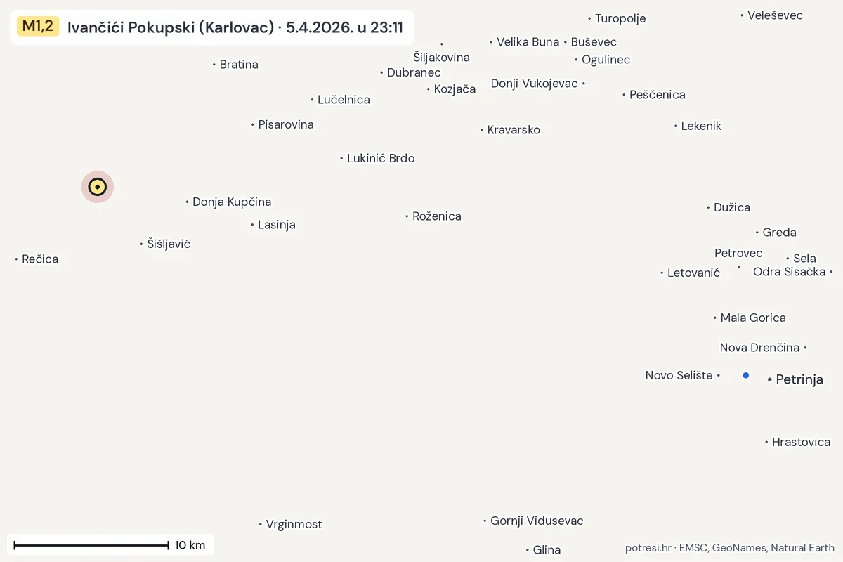 Karta: izvješća građana, potres M1,2, Ivančići Pokupski (Karlovac), 5.4.2026.