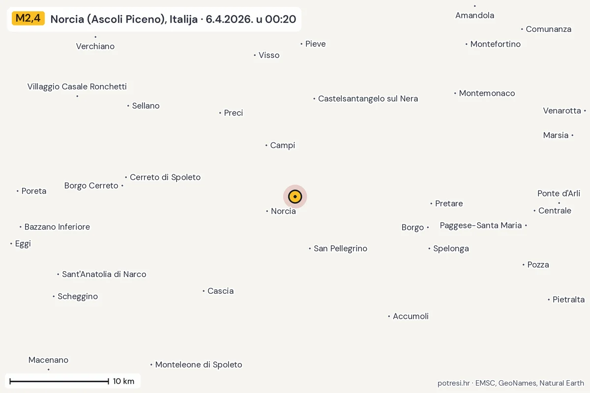 Karta: okolica epicentra, 60 km, potres M2,4, Norcia (Ascoli Piceno), Italija, 6.4.2026.