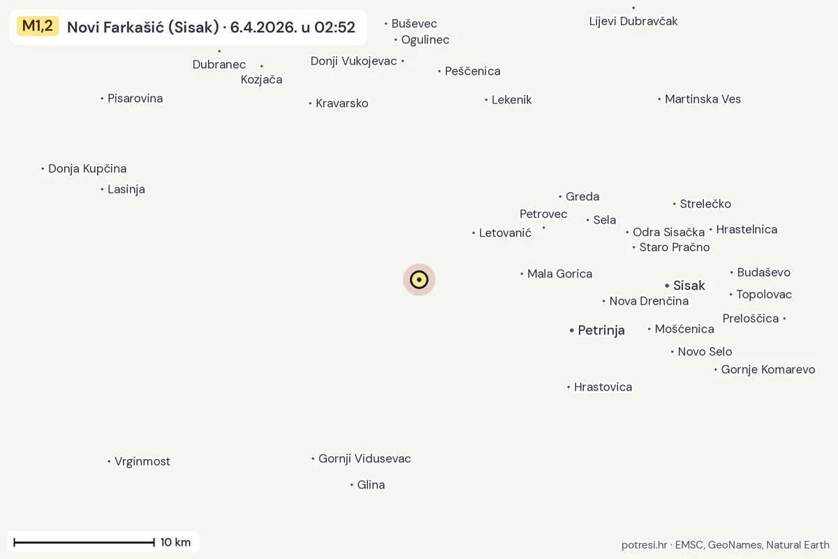 Karta: okolica epicentra, 60 km, potres M1,2, Novi Farkašić (Sisak), 6.4.2026.
