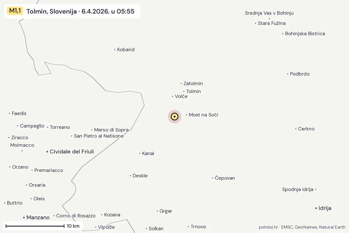 Karta: okolica epicentra, 60 km, potres M1,1, Tolmin, Slovenija, 6.4.2026.