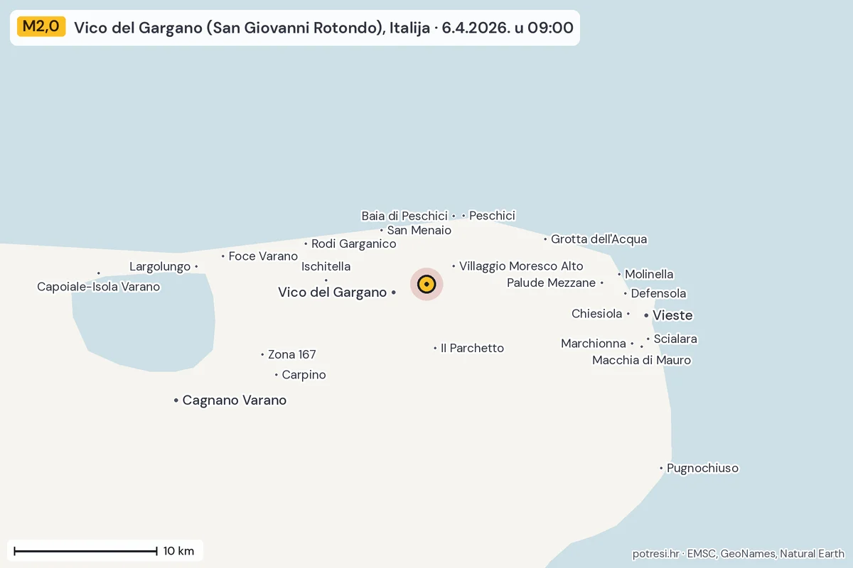 Karta: okolica epicentra, 60 km, potres M2,0, Vico del Gargano (San Giovanni Rotondo), Italija, 6.4.2026.